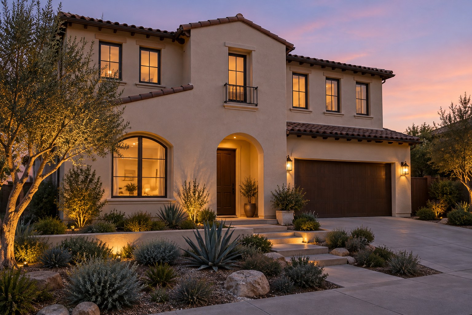 A Southern California home at dusk, illustrative